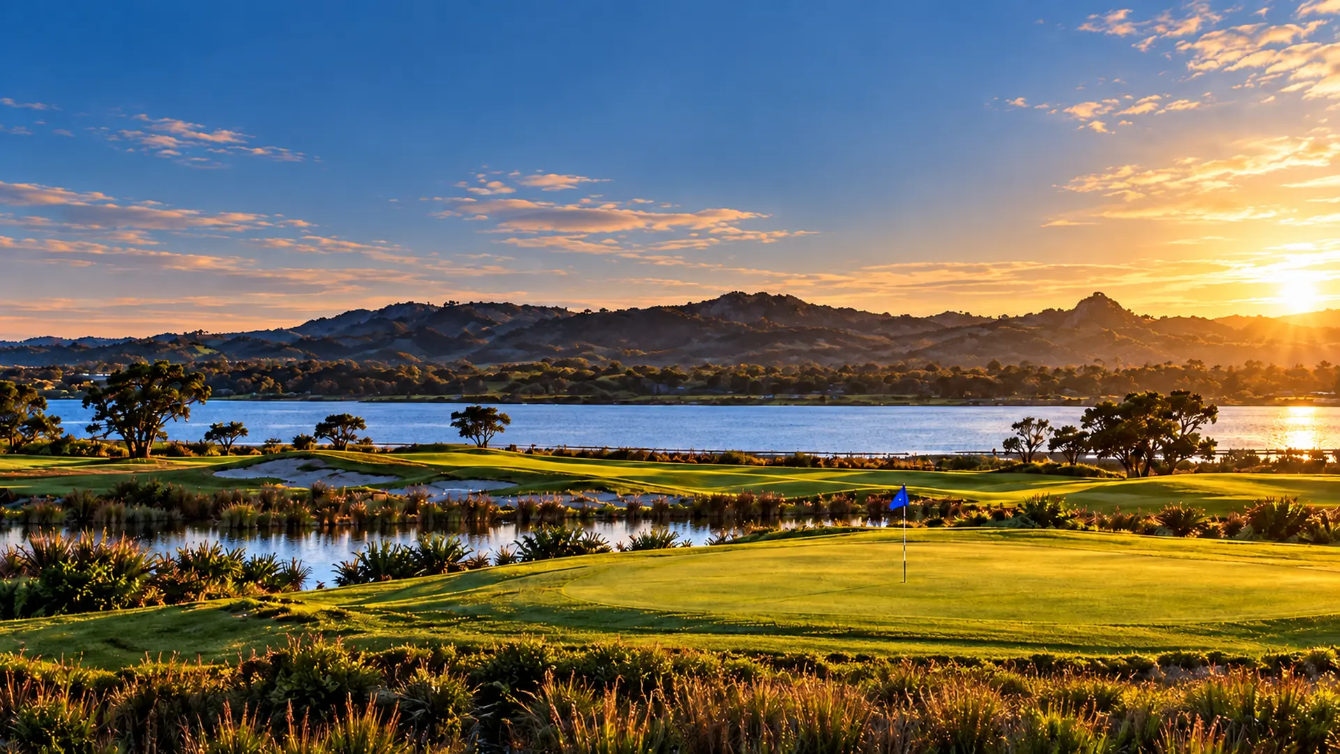 Sunset over the links at Omaha Beach Golf Club, with greens, water hazards and the coast beyond