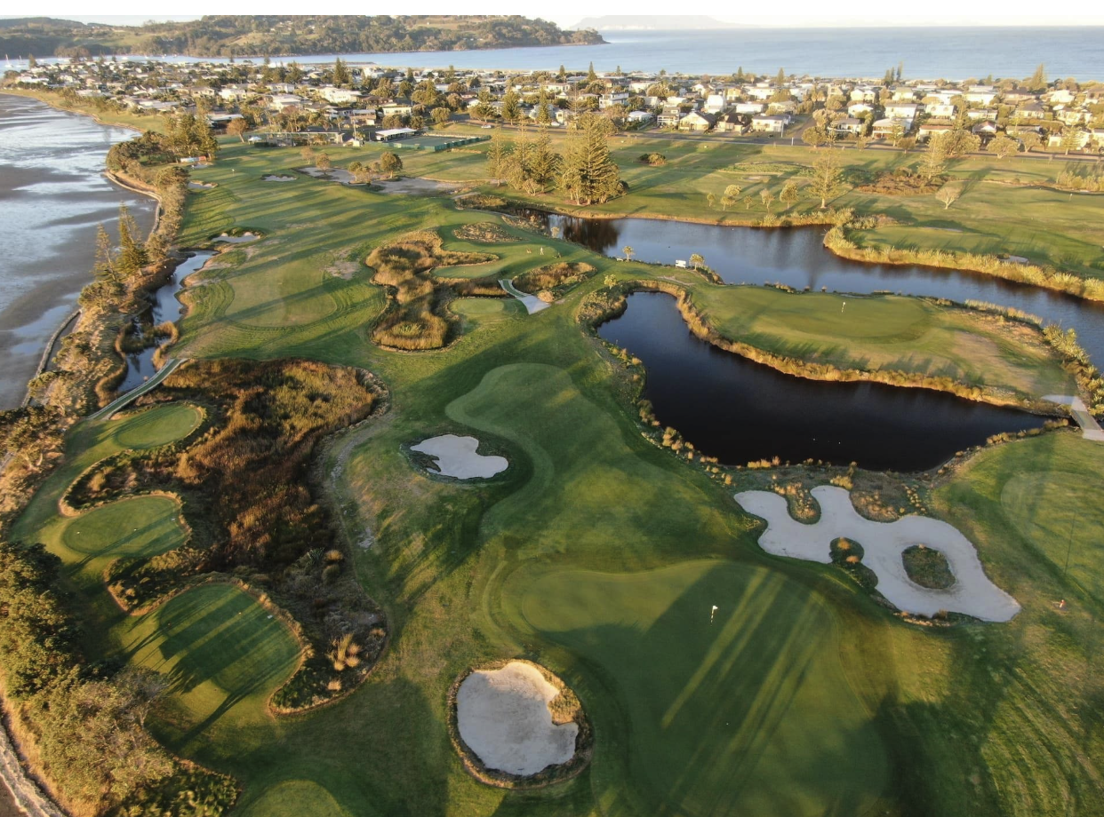 Aerial view of Omaha Beach Golf Club showing coastal fairways, bunkers and water features
