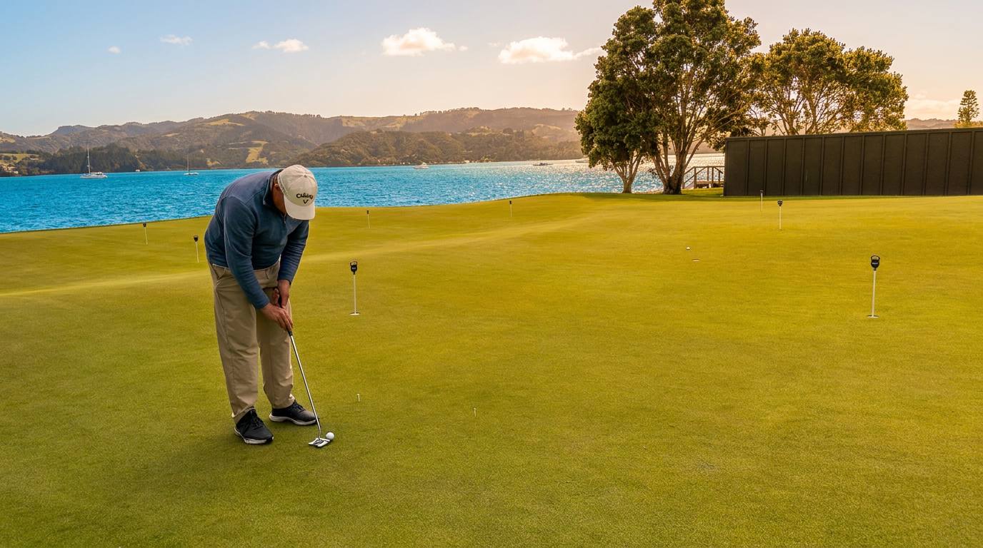 Practice green, estuary edge